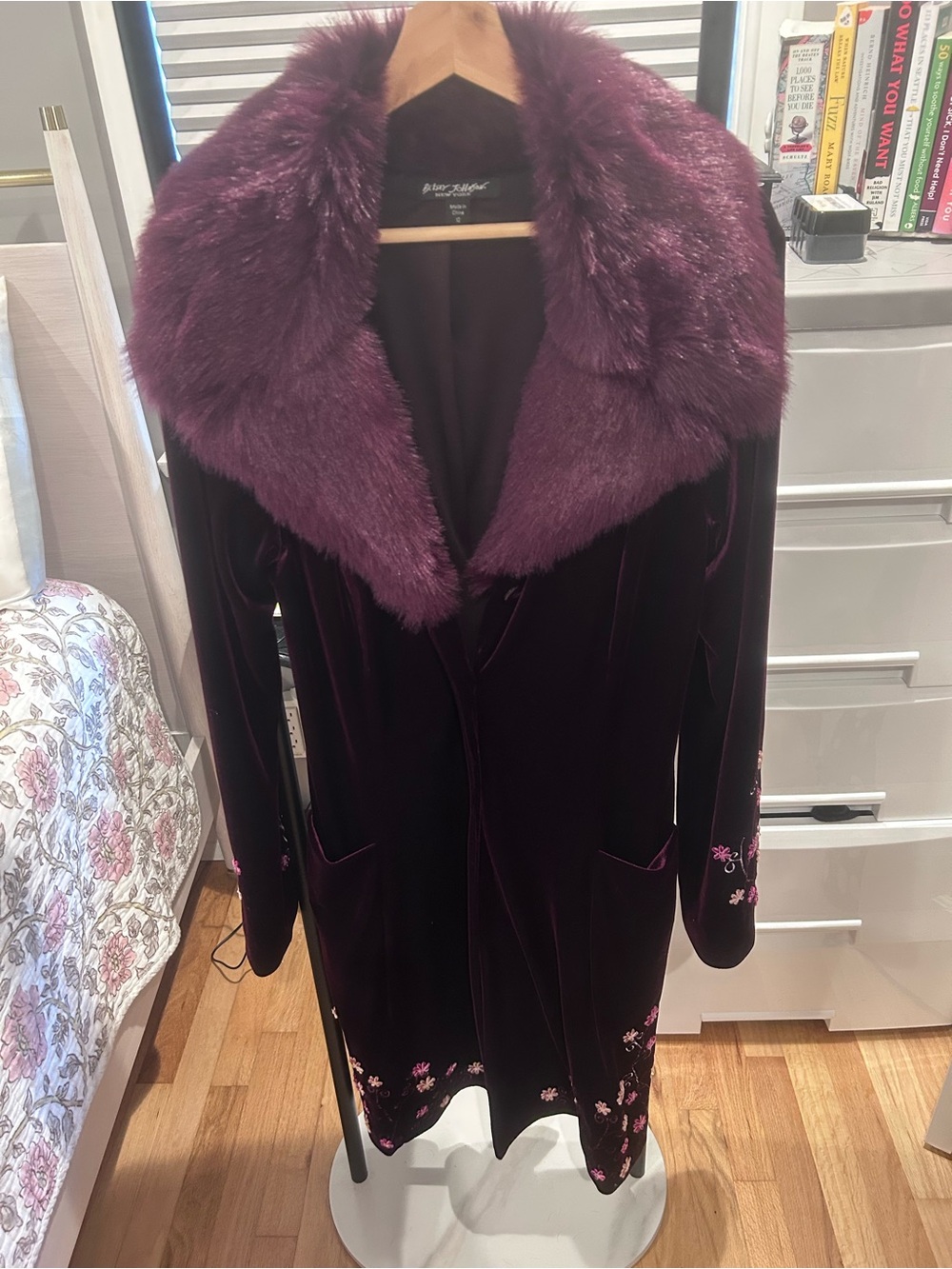 Betsey Johnson Plum Velvet Trench Coat with Faux Fur Collar
